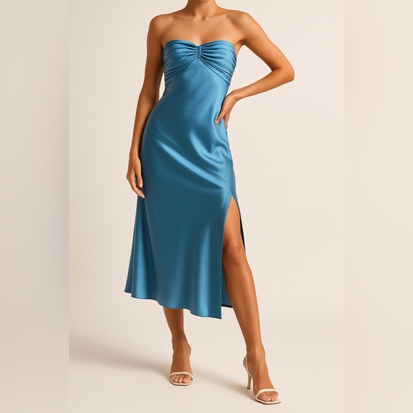 Satin One & Only Blue Women Tupe Top Sweetheart Slit Dress Size M Strapless Gown - Picture 1 of 11